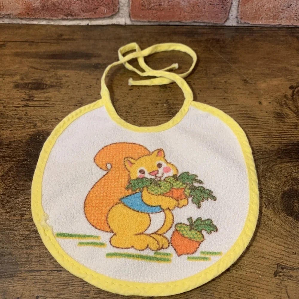 Vintage Baby Bib Small Yellow Edges White With Squirrel And Acorns Plastic Back